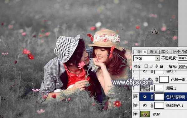 Photoshop将野花中的情侣增加梦幻的中性蓝灰色