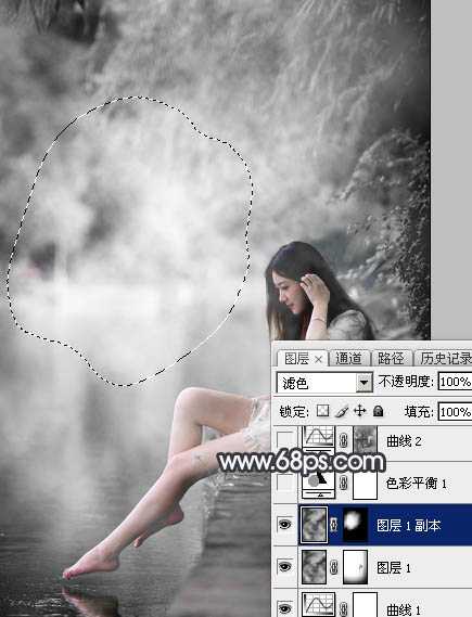 Photoshop使用图层样式打造唯美的古典淡蓝色树林人物图片