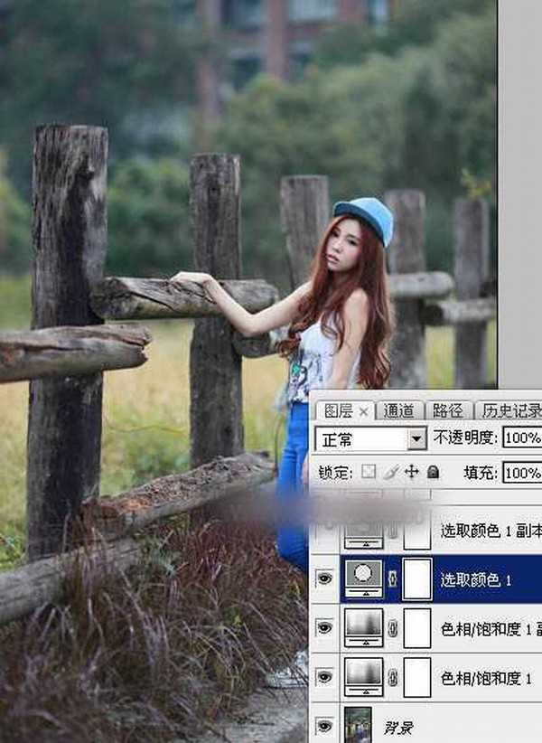 Photoshop为木桩边的美女人物加上高对比蓝黄色效果教程